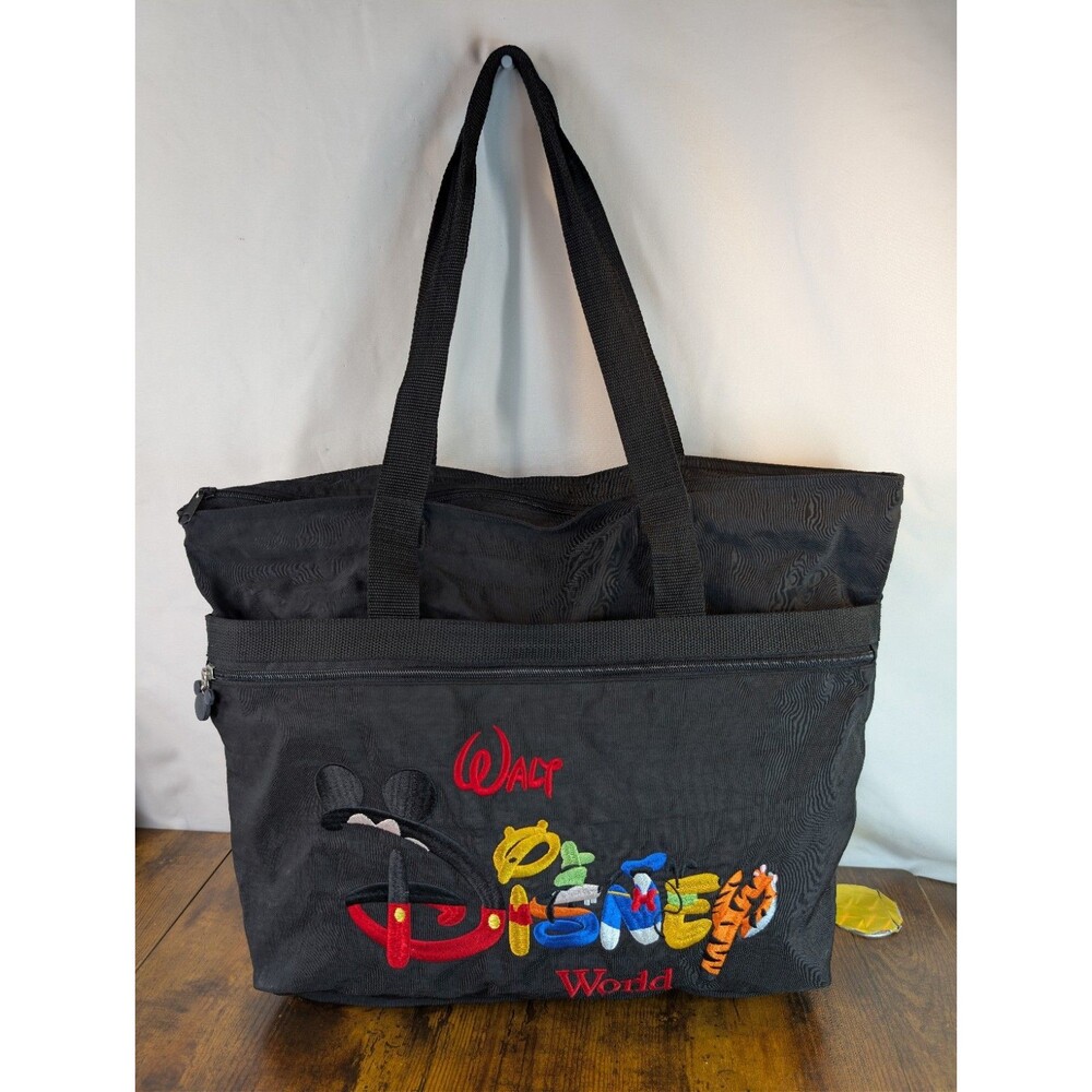 Vtg Walt Disney World Tote Bag Black Nylon Embroidered Character Spell Out Retro